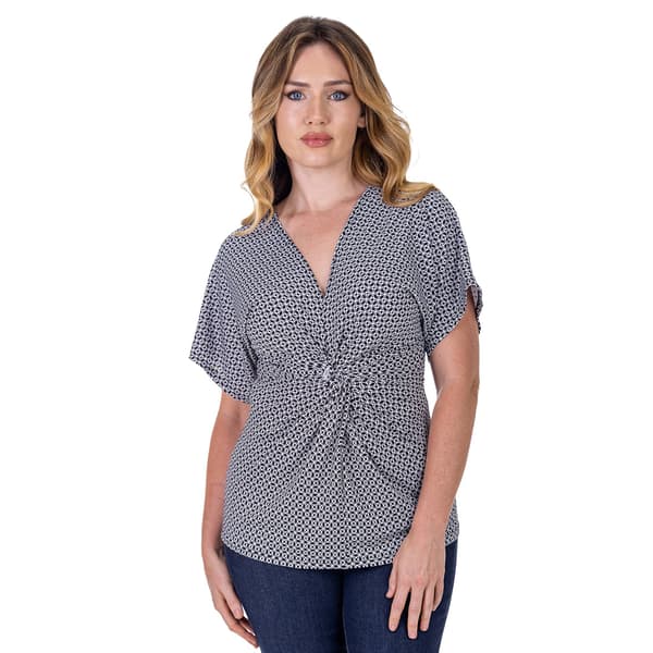Womens 24/7 Comfort Apparel Medallion Knot Front V-Neck Blouse - image 