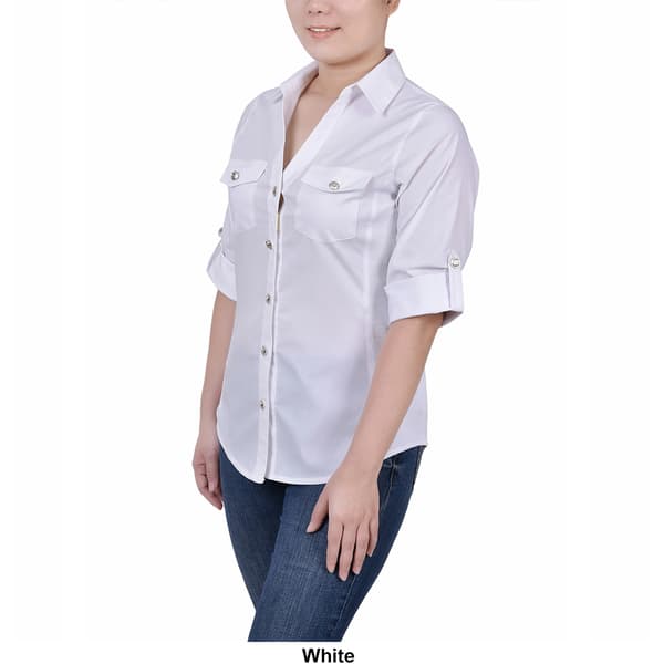 Womens NY Collection Casual Button Down Solid Rib w/Embellish