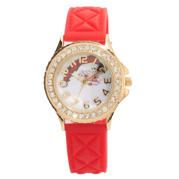Gold-Tone Rhinestone Dial w/Santa Red Strap Watch - PT10166A - image 
