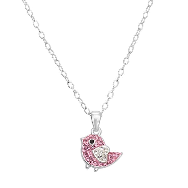 Sterling Silver Pink & White Crystal Birdie Pendant - image 