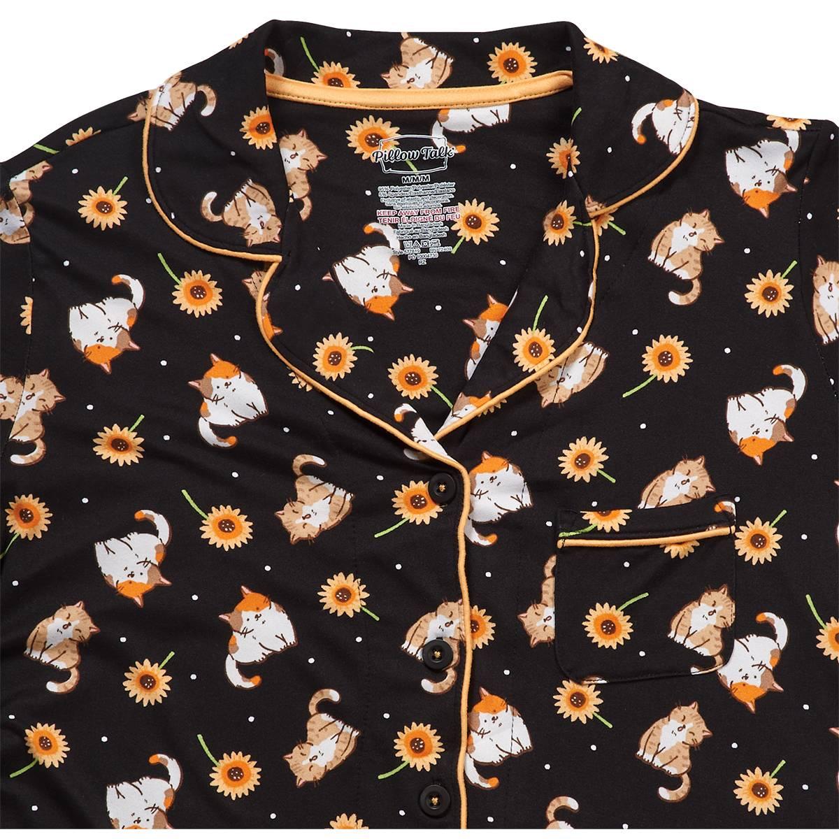 Juniors Pillow Talk Long Sleeve Sunflowers & Cats Pajama Set