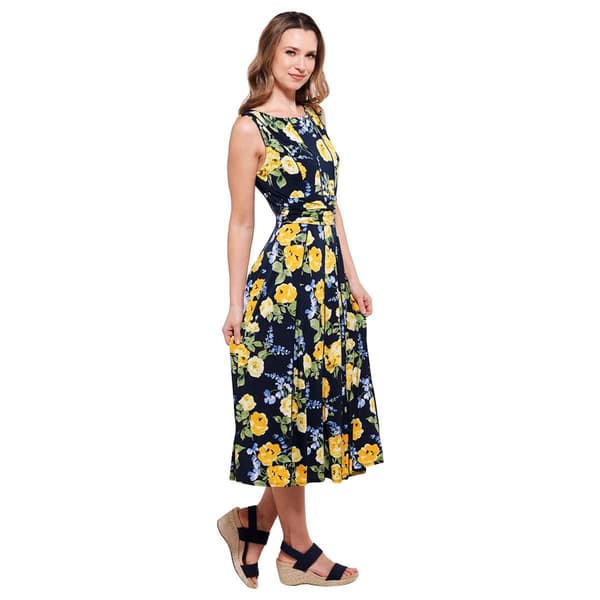 Womens Perceptions Sleeveless Floral Ruched Waist Midi Dress