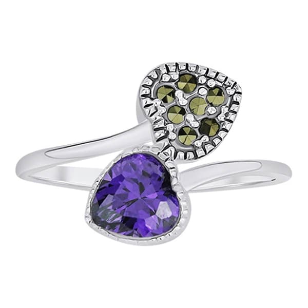 Marsala Silver Plated Marcasite & Amethyst CZ Heart Bypass Ring - image 