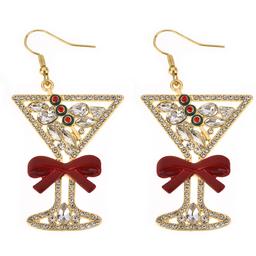Rhinestone Christmas Martini with Red Bow Earrings