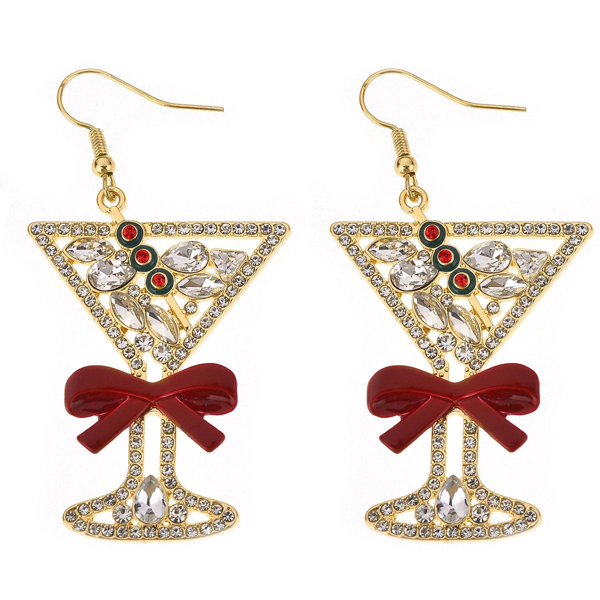 Rhinestone Christmas Martini with Red Bow Earrings