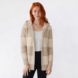 Juniors Pink Rose Cloud Mossy Stripe Sherpa Hood Cardigan