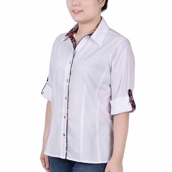 Petite NY Collection 3/4 Roll Tab Sleeve Solid Button Down Shirt