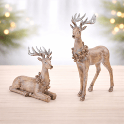 Melrose Glittered Deer with Wreath Figurine - Set of 2