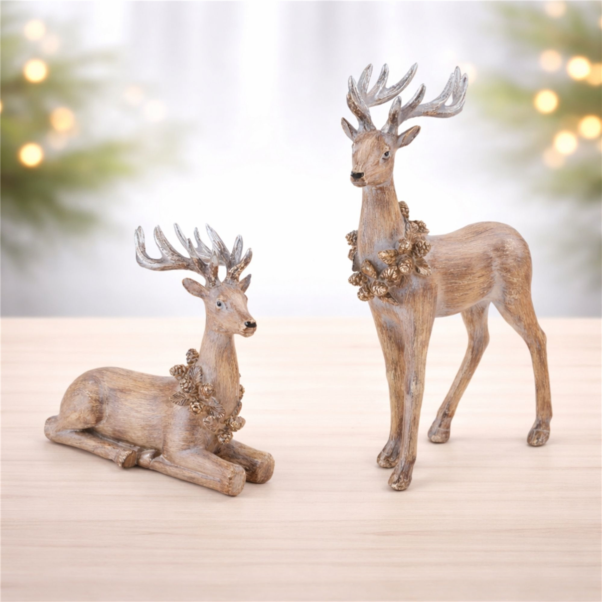 Melrose Glittered Deer with Wreath Figurine - Set of 2