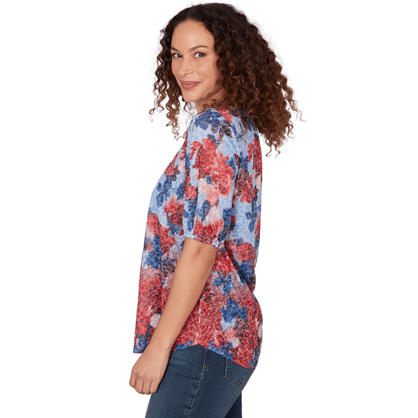 Womens Ruby Rd. French Riviera Pleated Floral Lace Trim Blouse