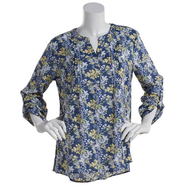 Womens Notations 3/4 Sleeve Print Pleat Tuwa Henley-Navy/Yellow - image 