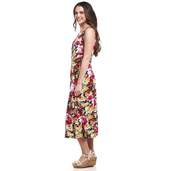 Womens Connected Apparel Sleeveless Print Ruched Waist Midi Dress