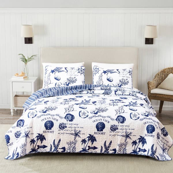 FreshFold 3pc. Nautical Coastal Themed Bedspread Quilt Set