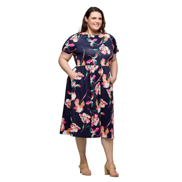 Plus Size 24/7 Comfort Apparel Navy Floral Flare Midi Dress