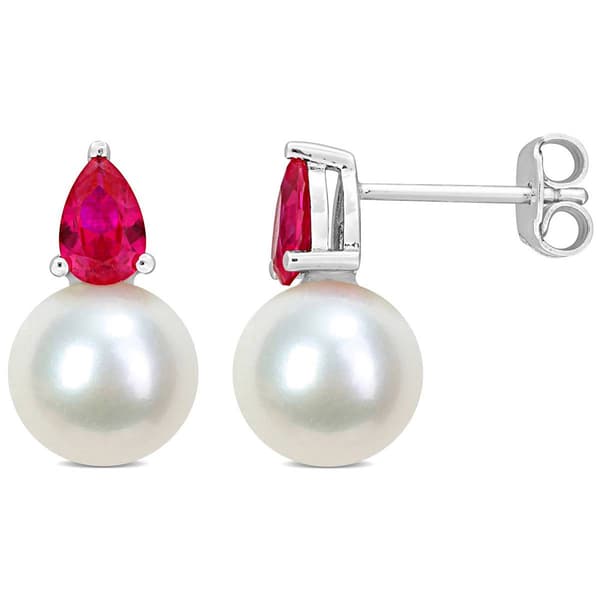 Gemstone Classics(tm) Freshwater Pearl & Created Ruby Stud Earrings - image 