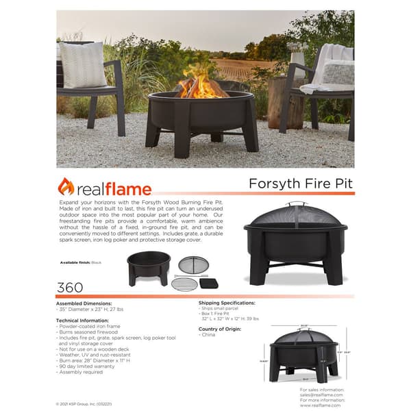 Real Flame Forsyth 35in. Round Steel Wood Burning Fire Pit
