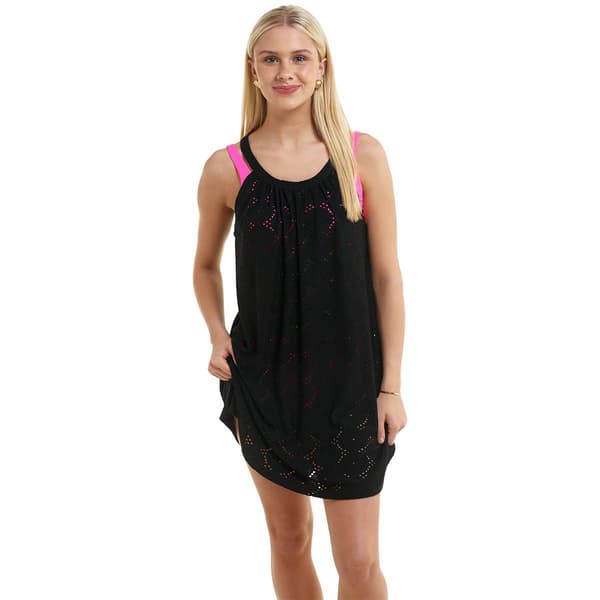 Juniors Cover Me Marakuja Eyelet High Neck Beach Cover Up Dress