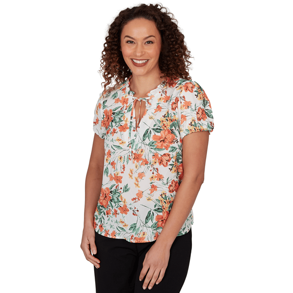 Womens Emaline Verde Grove I Short Sleeve Floral Tie Neck Blouse