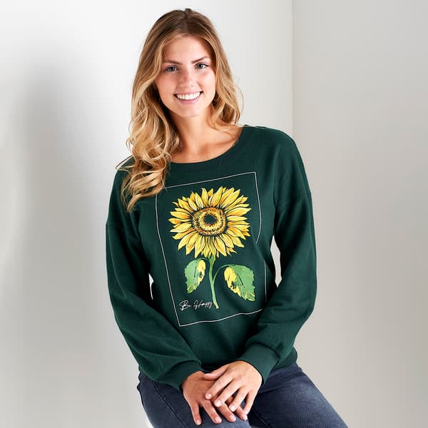Womens Tru Self Long Sleeve Sunflower Tie Front Graphic Tee - image 