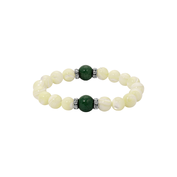 1928 Silver-Tone Mother of Pearl & Green Bead Stretch Bracelet - image 