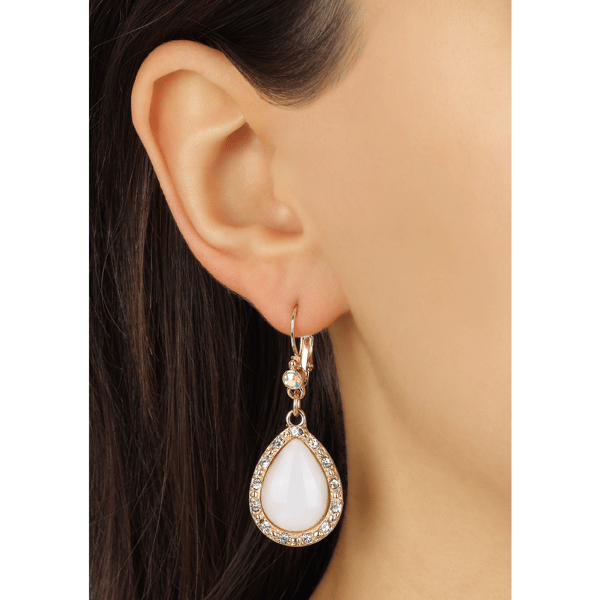 1928 Gold-Tone White Stone Teardrop Leverback Earrings