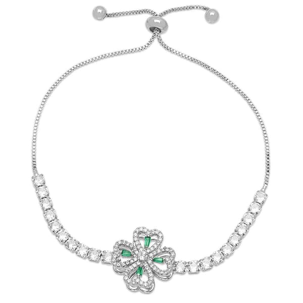 Silver Plated Lab Grown Green Clover Spinner Adjustable Bracelet - image 