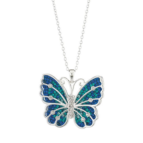 Sterling Silver & Blue Crystal Butterfly Pendant Necklace - image 
