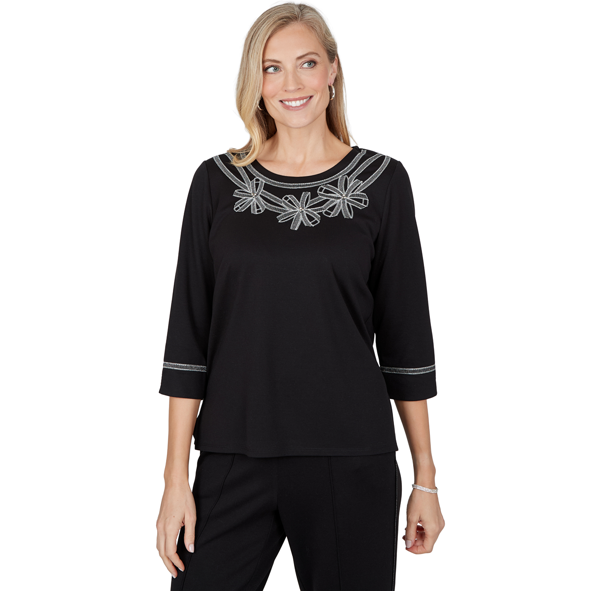 Womens Alfred Dunner Weekend Warrior 3/4 Sleeve Ribbon Blouse