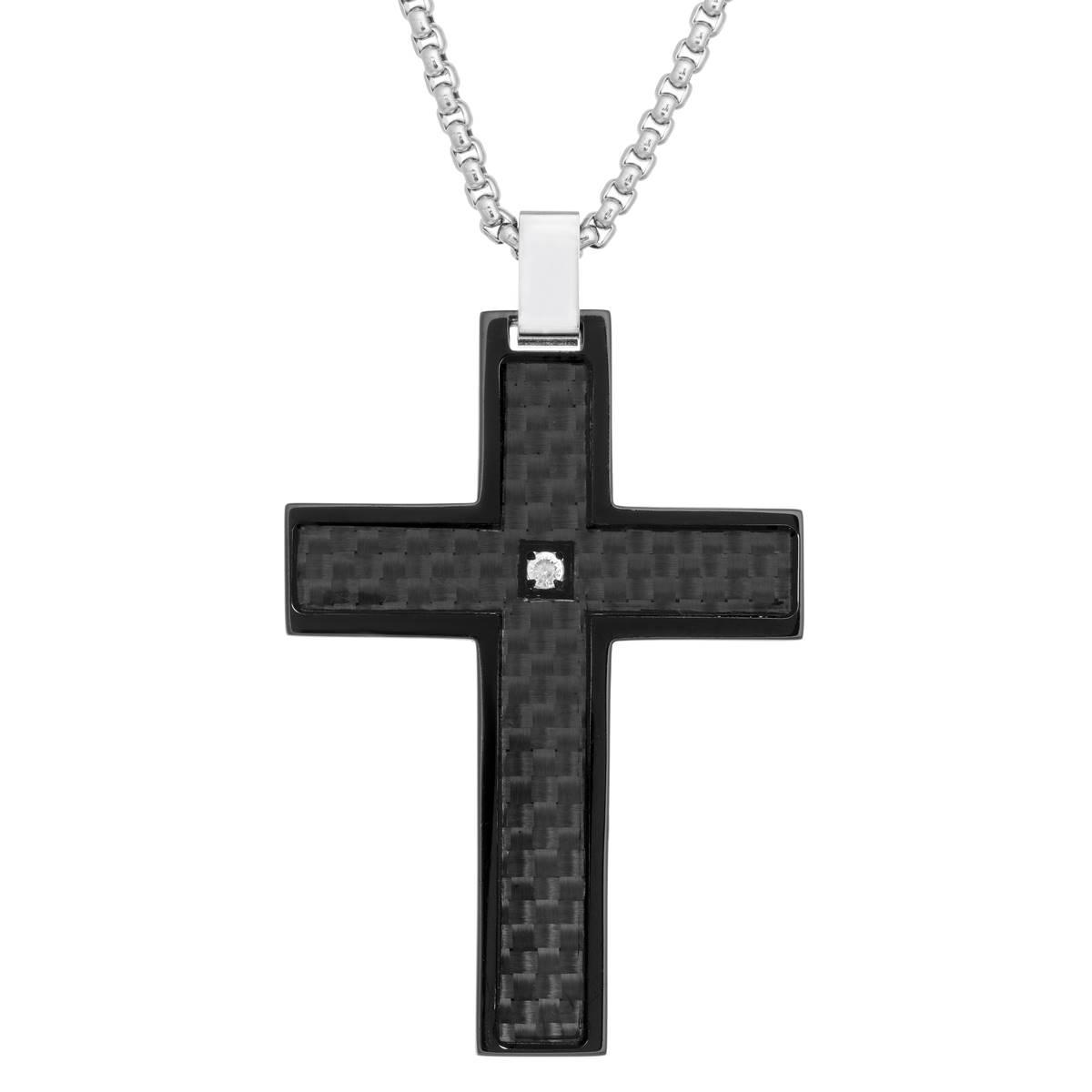 Mens Lynx Stainless 1/8ctw. Diamond & Black IP Cross Pendant