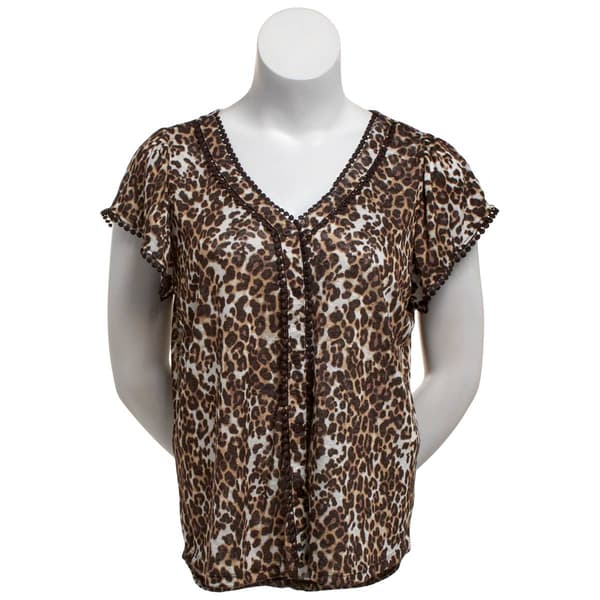 Plus Size French Laundry Cap Sleeve Leopard Crochet Trim Blouse