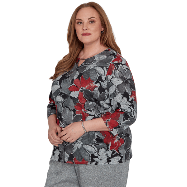 Plus Size Alfred Dunner Classics 3/4 Sleeve Keyhole Floral Blouse