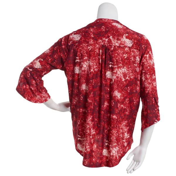 Plus Size Notations 3/4 Sleeve Jacquard Henley Blouse - Black/Red
