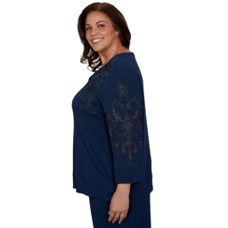 Plus Size Alfred Dunner Good To Go Scroll Soutache Split Neck Top