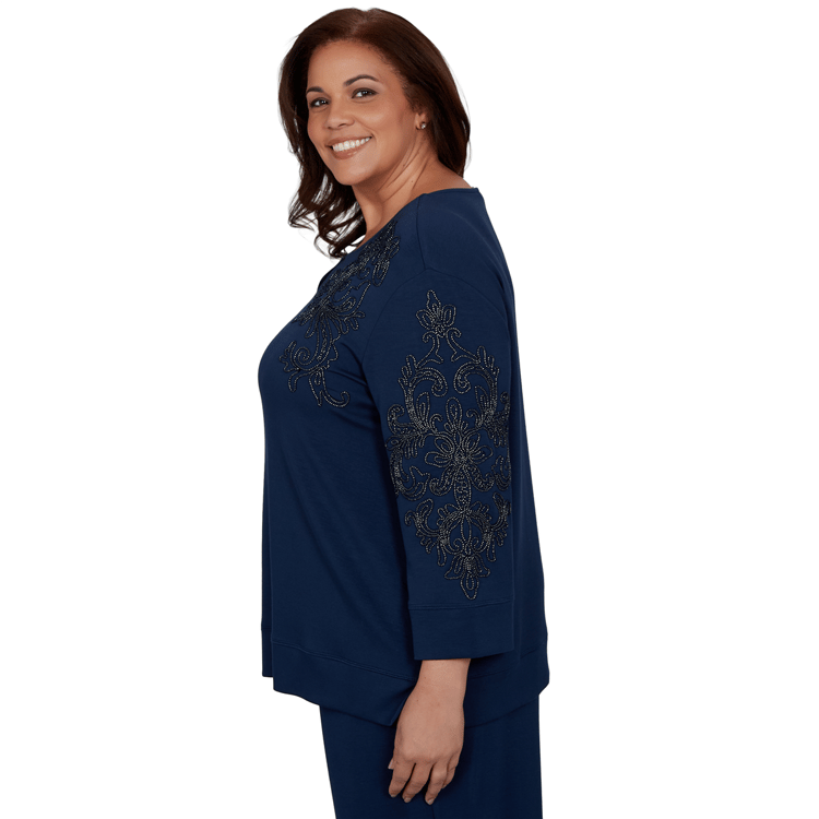 Plus Size Alfred Dunner Good To Go Scroll Soutache Split Neck Top