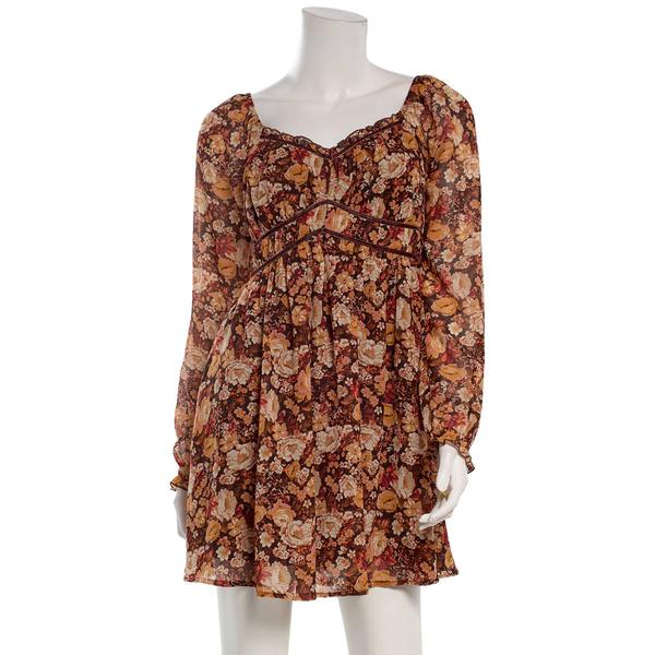 Juniors Jolt Long Sleeve Pebble Chiffon Velvet Trim Skater Dress