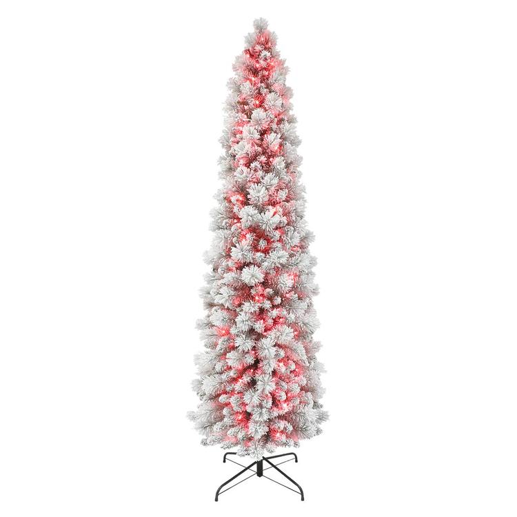 Puleo International 7.5ft. Red Pre-Lit Flocked Christmas Tree