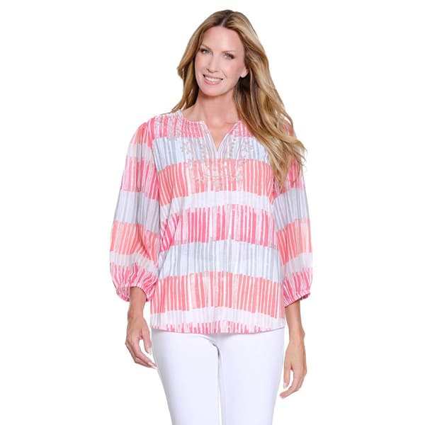 Womens Multiples 3/4 Sleeve Embriodered Neck Bar Stripe Top - image 
