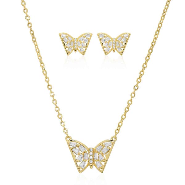 Gold Plated CZ Butterfly Pendant & Earring Set - image 