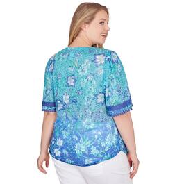 Plus Size Ruby Rd. Bali Blue Elbow Sleeve Knit Floral Blouse