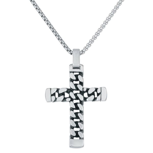 Mens Lynx Stainless Steel 24in. Curb Chain Design Cross Pendant