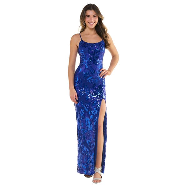 Juniors Crystal Doll Damask Sequin Lace-Up Back Sheath Dress