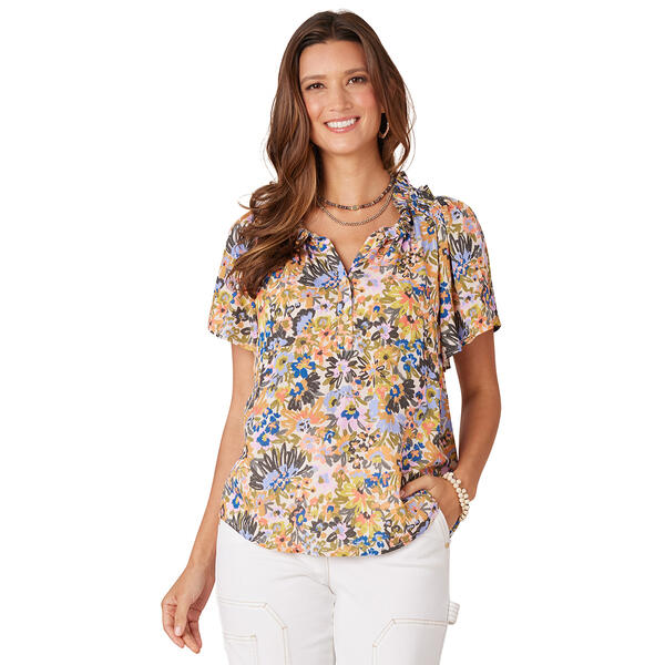 Petite Democracy Short Bell Sleeve Floral Woven Blouse - image 