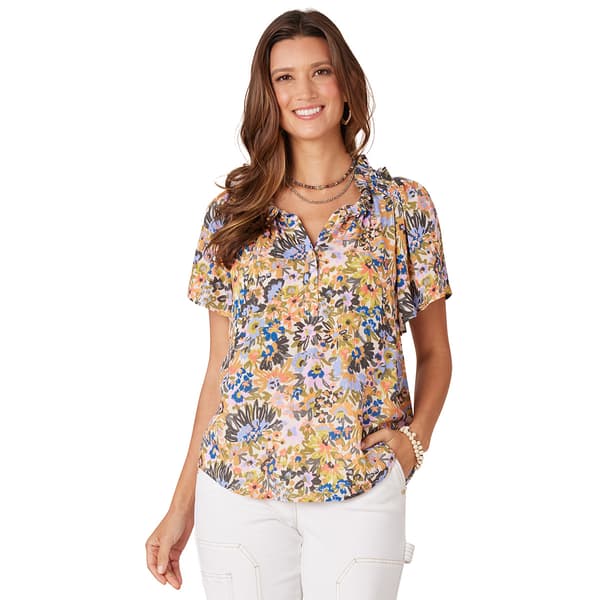 Petite Democracy Short Bell Sleeve Floral Woven Blouse - Boscov's