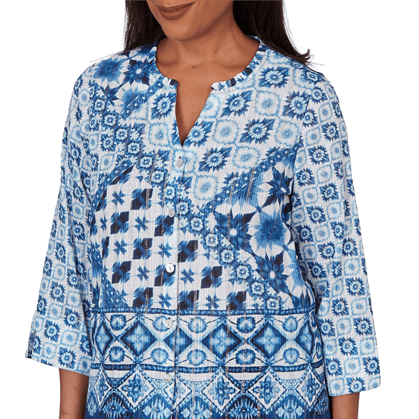 Womens Alfred Dunner Indigo Girls 3/4 Sleeve Patchwork Blouse