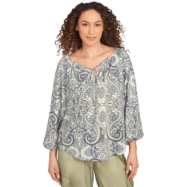 Petite Skyes the Limit Out Of The Blue Crinkle Peasant Blouse - image 
