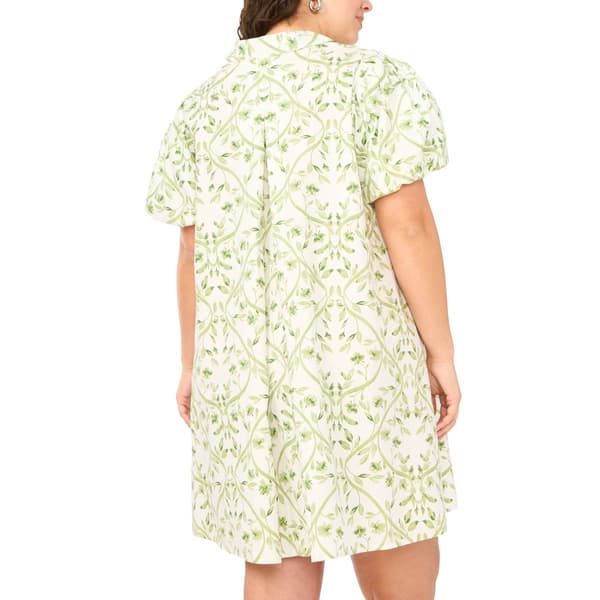 Plus Size MSK Short Puff Sleeve Leaf Cotton Poplin Shirtdress