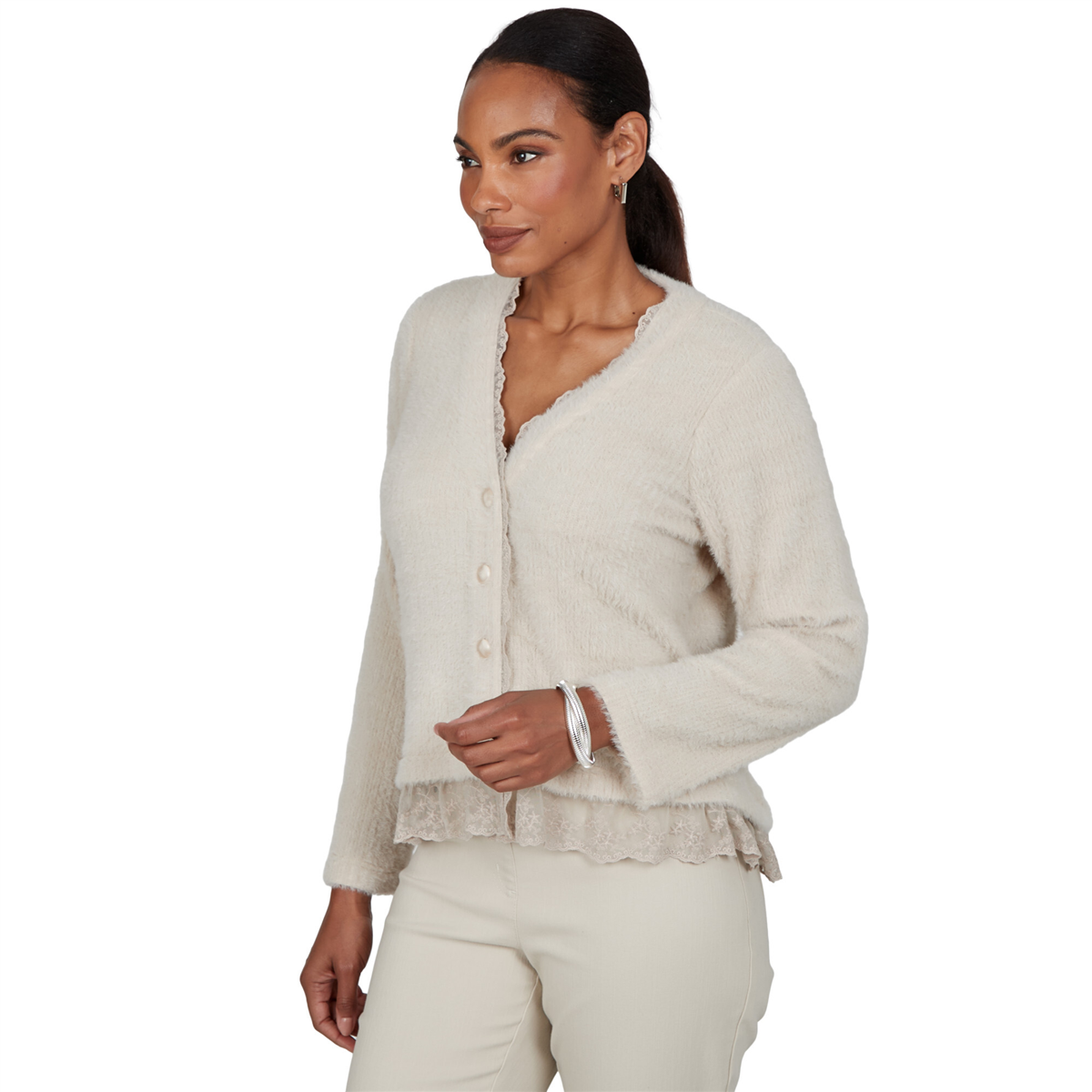 Womens Ruby Rd. Mythical Lace Trim Button Front Cardigan