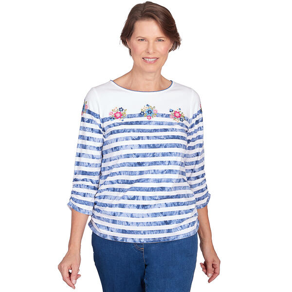 Womens Alfred Dunner In Full Bloom Tie Dye Stripe Embroidery Tee - image 