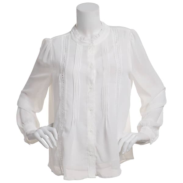 Womens Adrianna Papell Long Sleeve Ruffle Neck Pintuck Blouse - image 