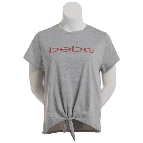Plus Size Bebe Short Sleeve Tie Front Glitter Logo Tee-Grey